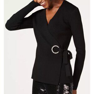 NWT INC Int'l Concepts Black Wrap Knit Top with Rhinestone belt, Size Small